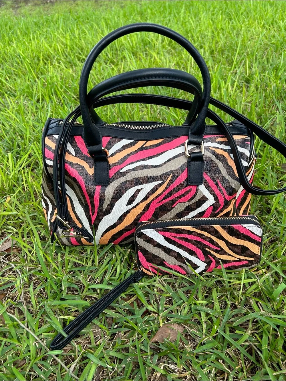 Black Handle Zebra-Print Satchel with Pink & Orange Accents
